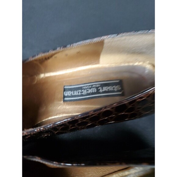 Stuart Weitzman Tassel Loafer Shoes Croc Embossed Patent Leather Brown Sz 9 - Picture 6 of 7